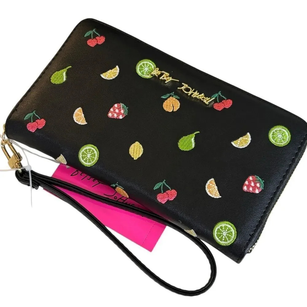Betsey Johnson Fruit Embroidered Black Zip-Around Wristlet w/ Detachable Strap.
